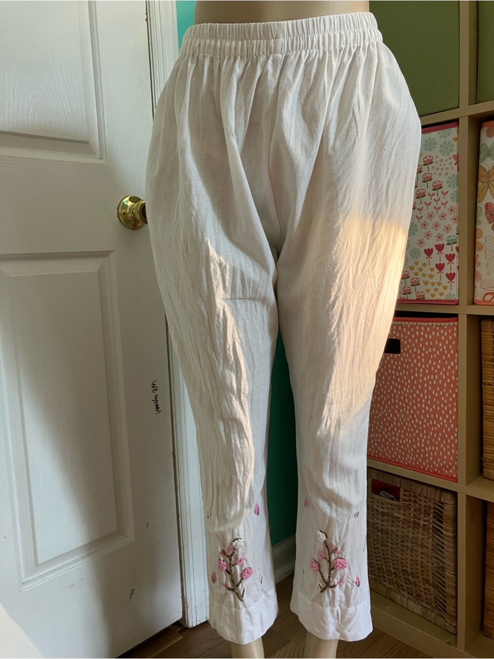 White Cotton Embroidered Elastic-Waist Pants
